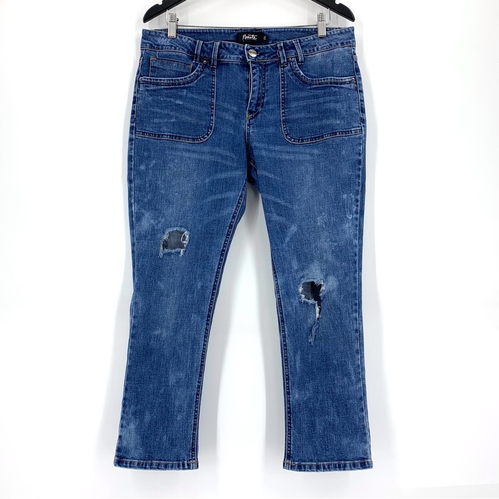 Nanette Lepore Blue Distressed Acid Wash Boyfriend Fit Cropped Jeans, 14
